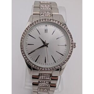Folio Watch Women Silver Tone Crystal Bezel 34mm Case 7.25" Band- New Battery